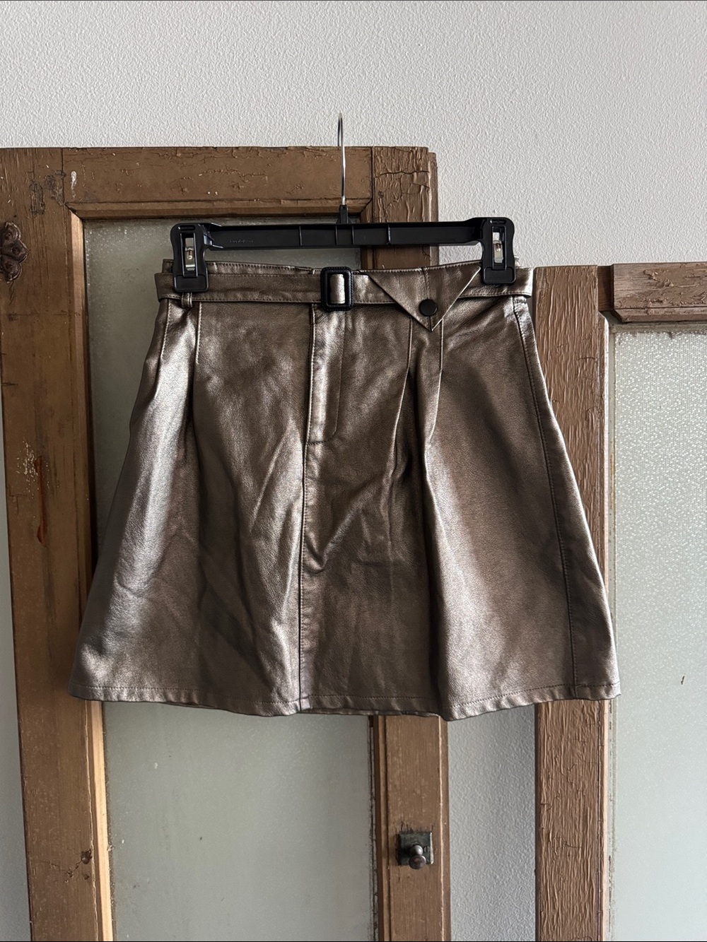 Metallic Bronze A-Line Mini Skirt with Belt Detail